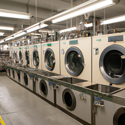 תמונה המציגה מגוון מכונות ייבוש תעשייתיות במתקן כביסה גדול